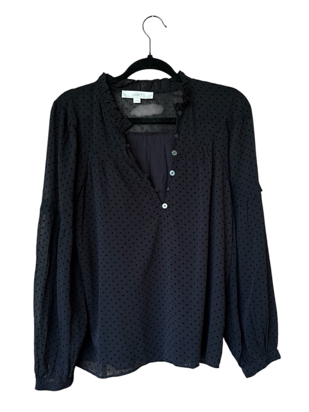 LOFT Black Swiss Dot Sheer Blouse Womens Small Ruffle Neck Long Sleeve Boho